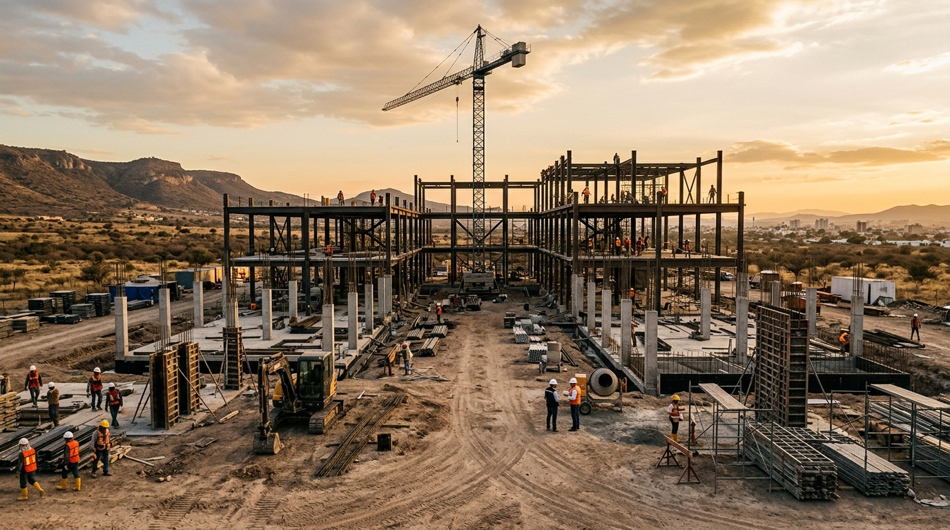 Obra en construcción de la academia policial de Querétaro con grúa y andamios